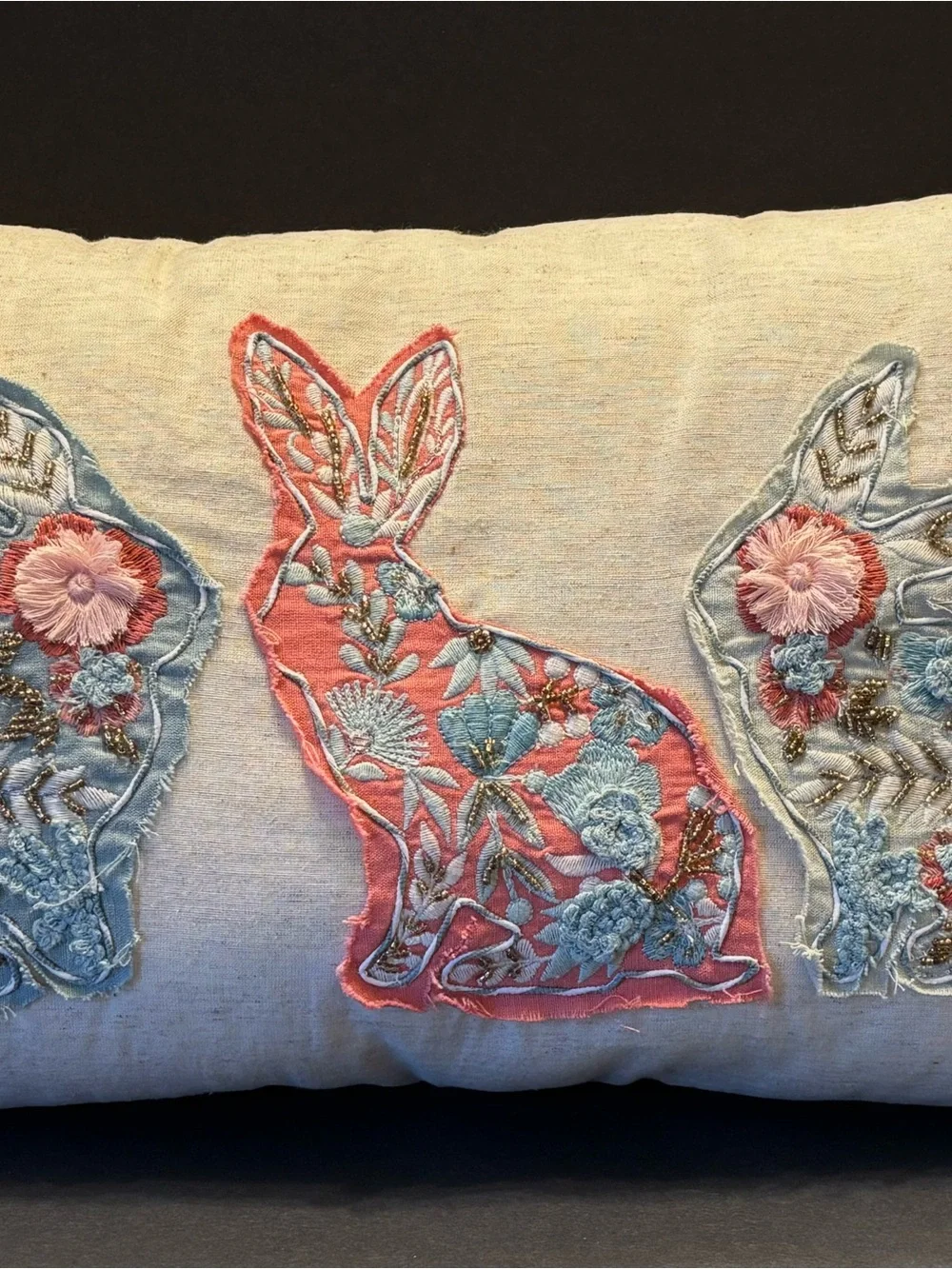 Pier 1 Appliqué Embroidered Rabbit Design Pillow Boho Cottagecore Fringe 20x11